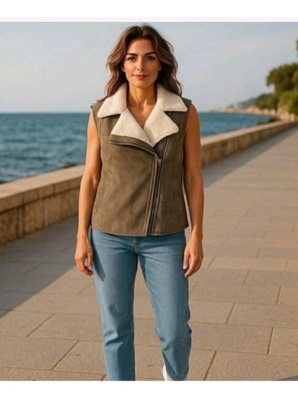 Vince Suede Vest with  Shearling Lining & Collar Full Zip Olive Green Medium